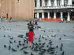 Woman feeding pigeons