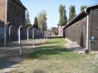 Barbed-wire fences, guard tower, wood buildings