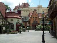 Several sort-of German buildings in a town square